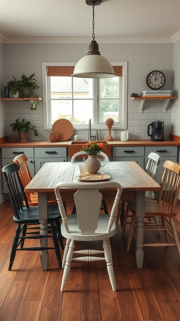 Rustic dining table with mismatched chairs in a cozy kitchen setting.