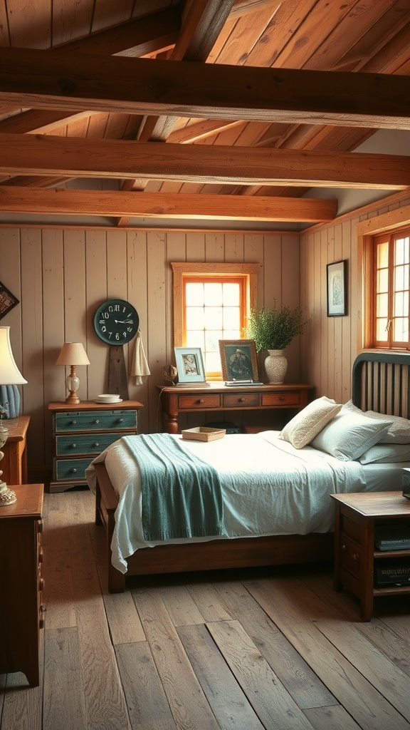 A cozy rustic farmhouse bedroom with wooden beams, a comfortable bed, and vintage decor.