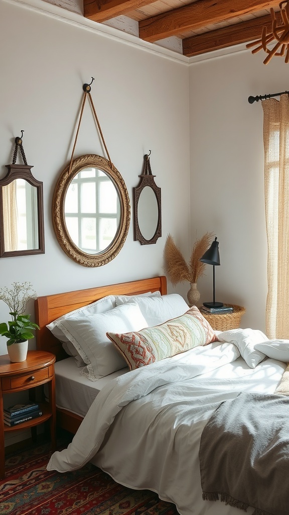 A cozy boho bedroom featuring rustic mirrors above the bed, enhancing the light and design.