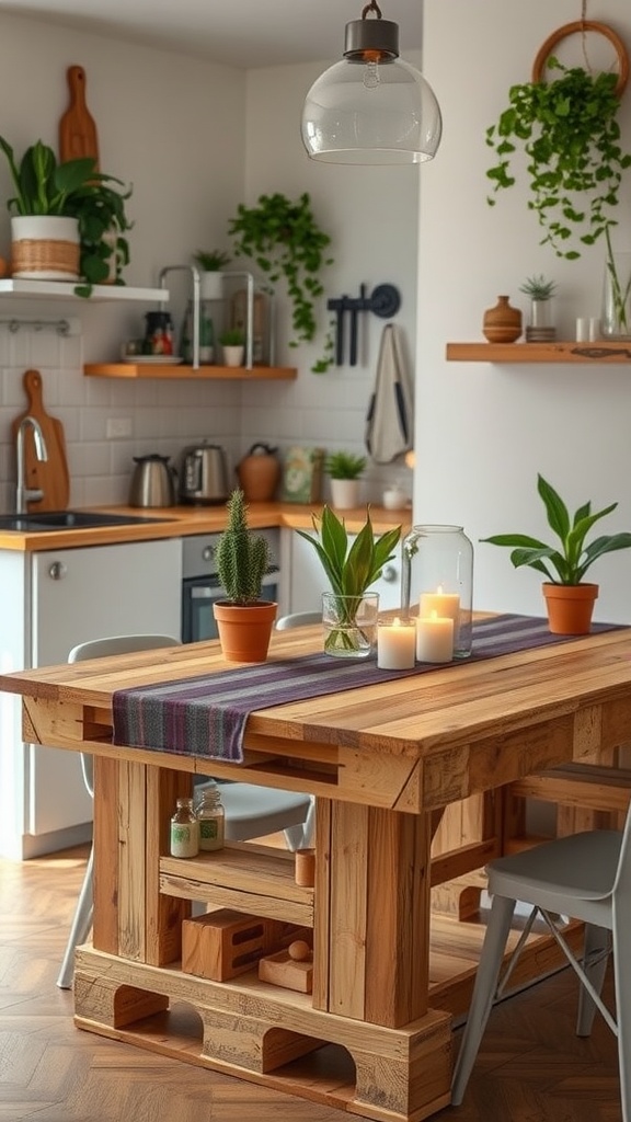 A rustic wooden pallet table with decorative plants and candles in a small kitchen.