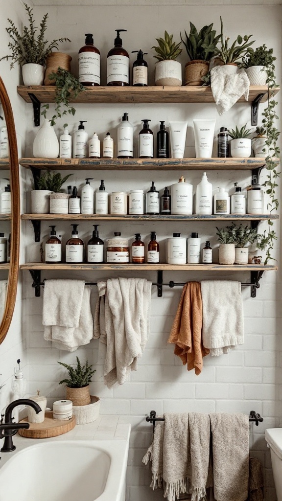 Rustic wooden shelves displaying various bathroom products and towels