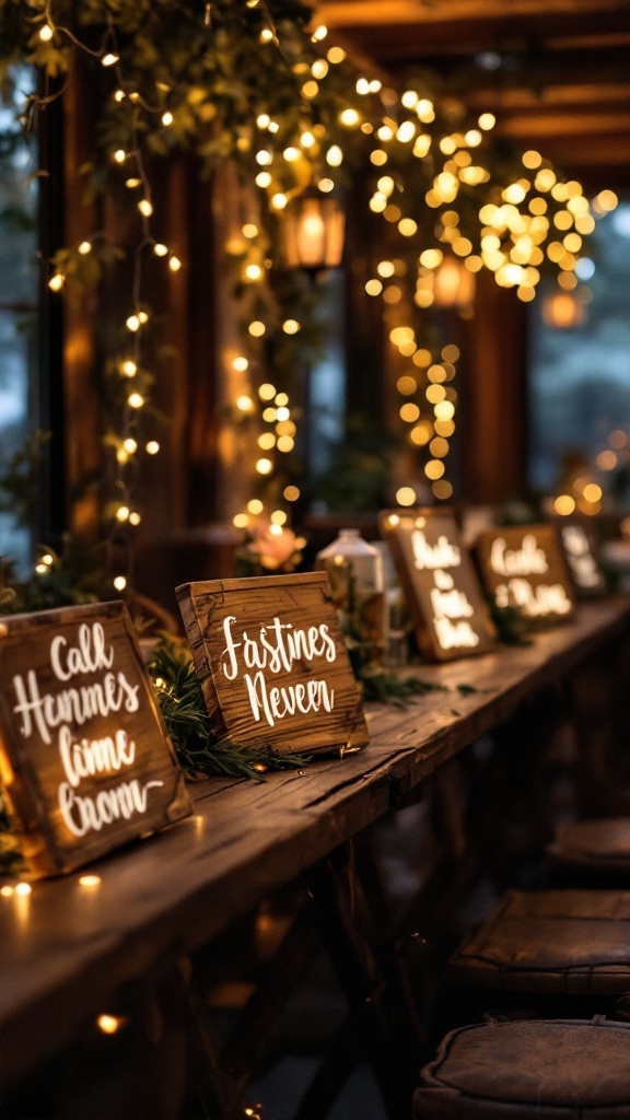 Decorative wooden signs illuminated by fairy lights at a rustic wedding reception.