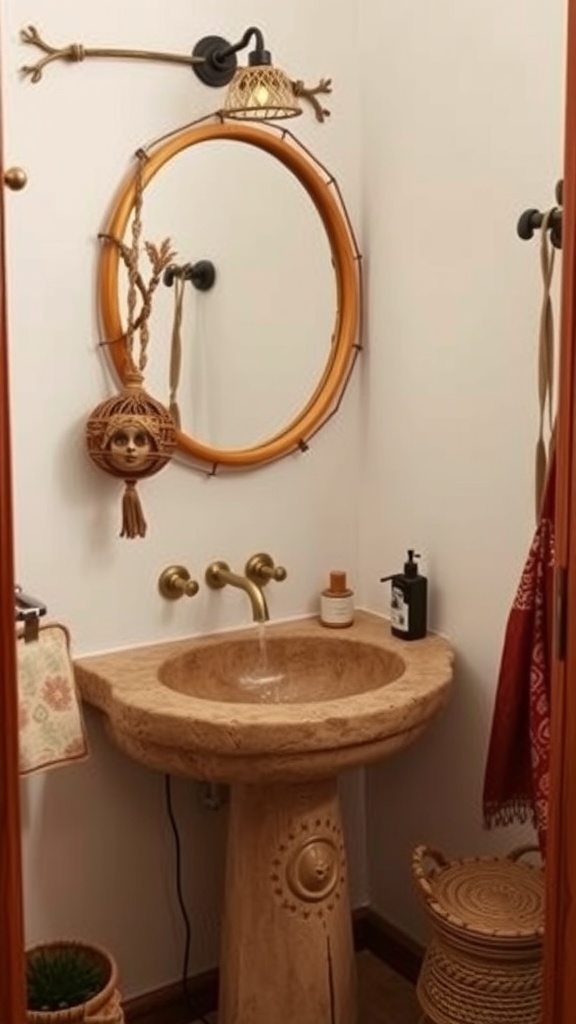 A rustic stone sink in a boho bathroom setup with decorative elements.