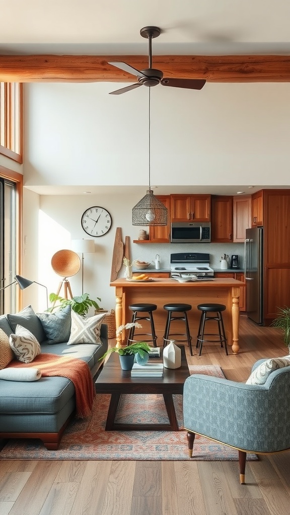 A cozy living room with rustic wooden beams and modern furniture.