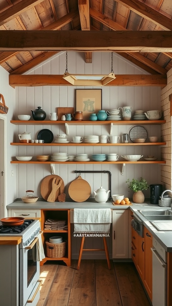 Cozy cottage kitchen with rustic wooden beams and open shelving.