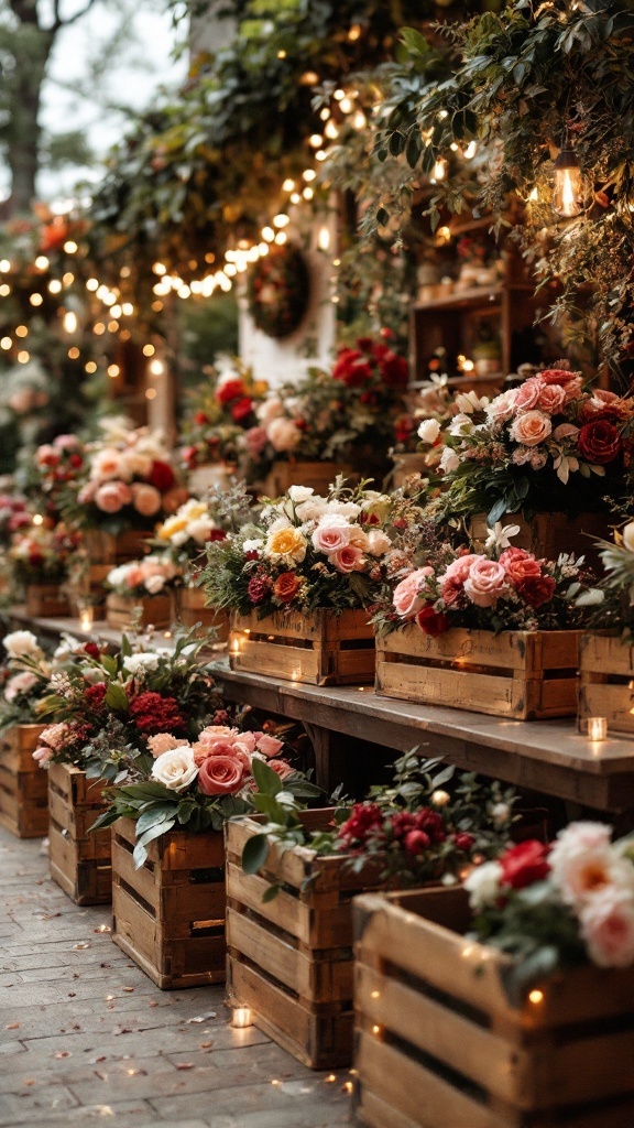 Rustic wooden crates filled with flowers and fairy lights