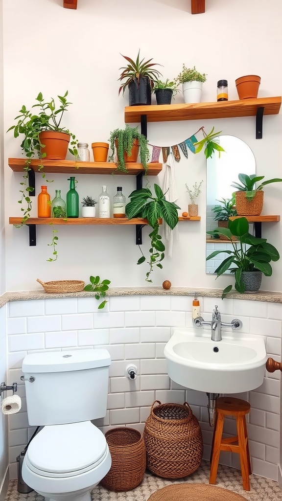 Rustic wooden shelves adorned with plants and decorative items in a cozy bathroom setting.