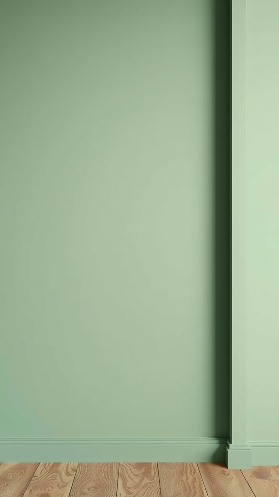 A sage green wall with wooden flooring.