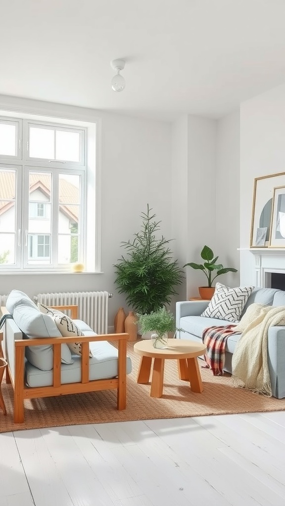 A bright Scandinavian minimalism small living room featuring light colors and natural materials.