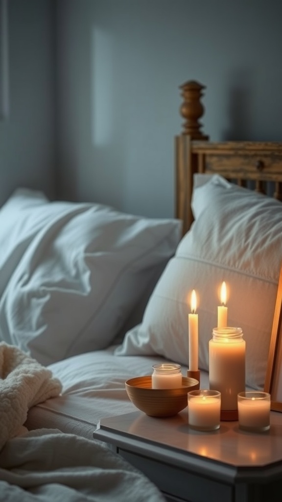 A cozy bedroom with a bed, scented candles on a nightstand, and a soft blanket.