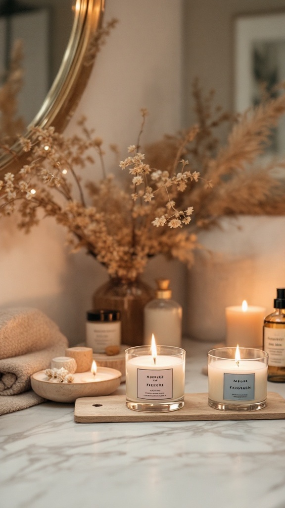 A cozy bathroom setup featuring scented candles, a mirror, and dried flowers.