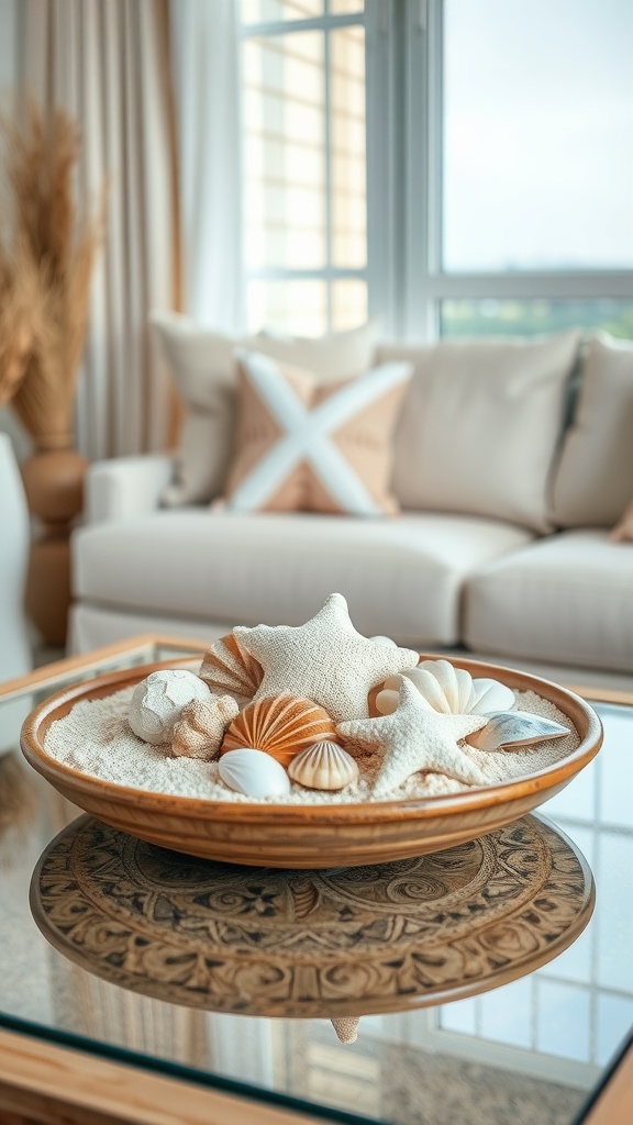 A wooden bowl filled with various seashells and sand on a coffee table in a coastal cottage living room.