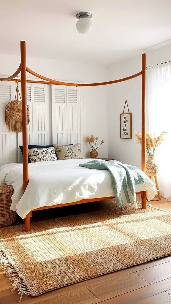 Cozy boho bedroom featuring a seagrass rug under a wooden bed with light bedding.