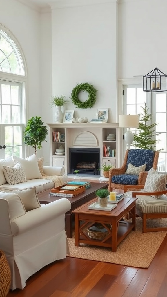 Coastal cottage living room with seasonal decor adjustments.
