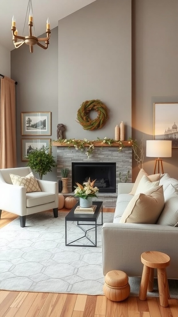 A cozy living room with seasonal decor featuring a wreath, plants, and neutral furniture.
