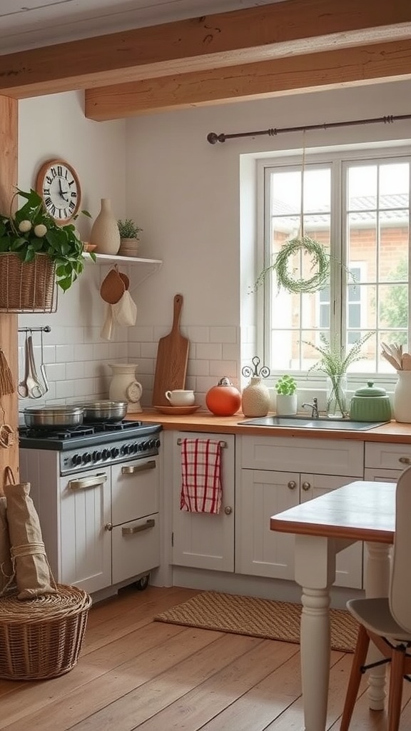 Cozy cottage kitchen with seasonal decor and natural elements