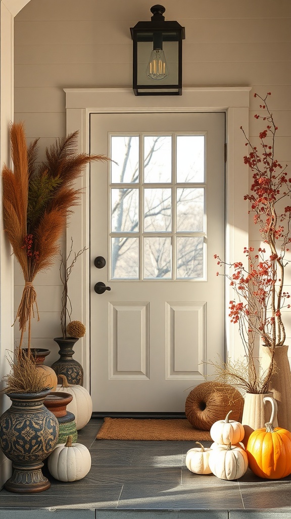 A minimalist entryway featuring pumpkins and natural decorations, giving a warm seasonal touch.