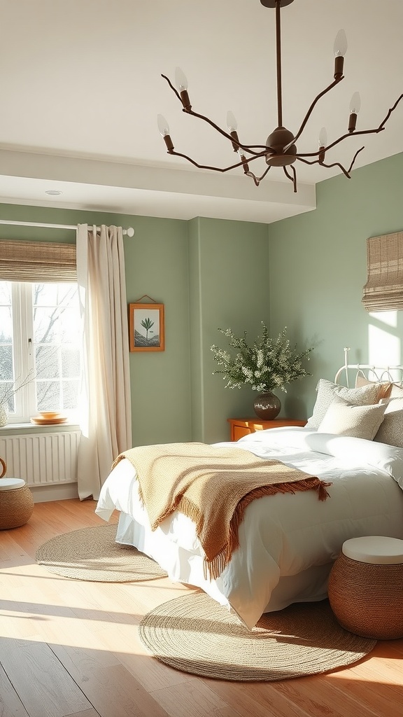 A cozy sage green bedroom with rattan decor and spring vibes.