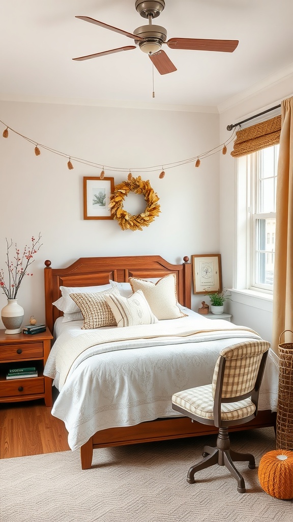 A cozy guest bedroom with seasonal decor including a wreath and autumn colors.