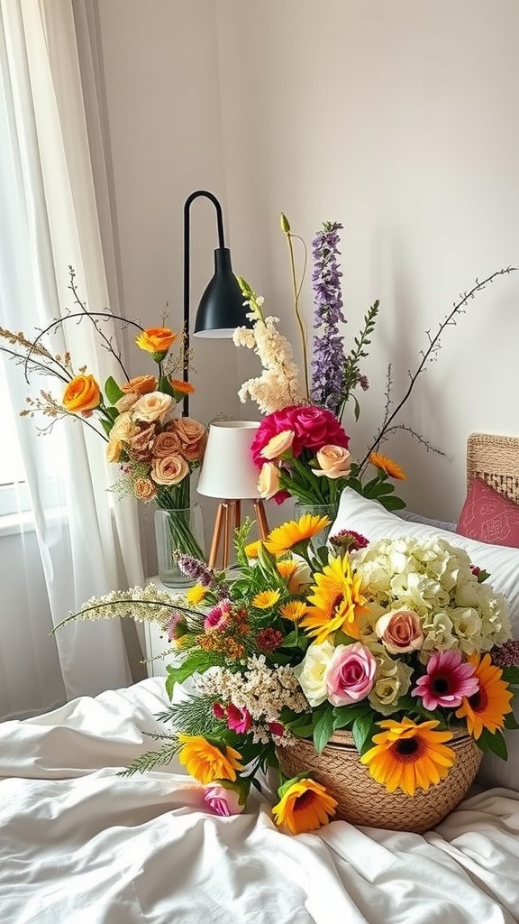 A cozy bedroom featuring vibrant seasonal floral arrangements in decorative baskets.