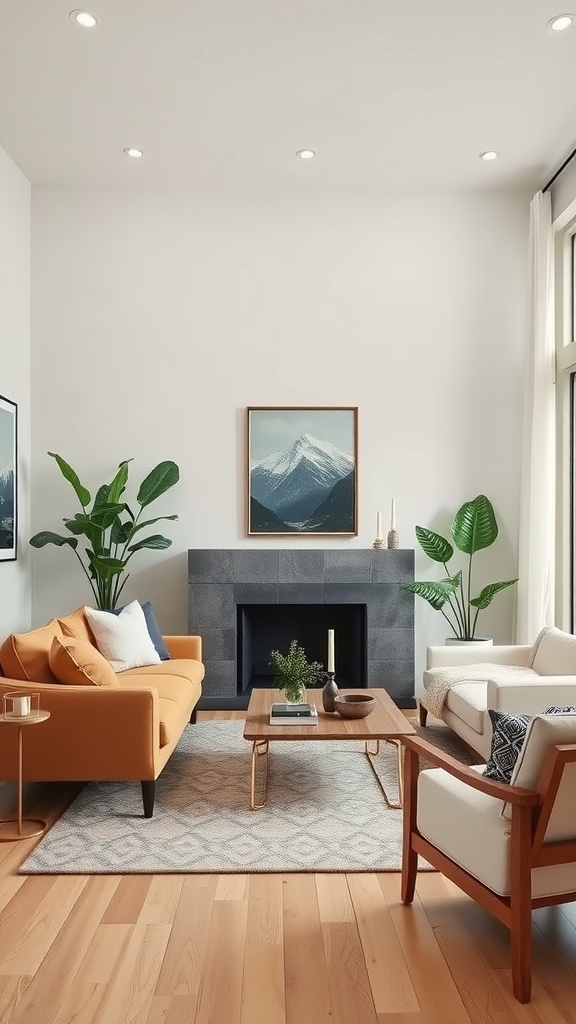 A stylish living room featuring a cozy orange sofa, a wooden coffee table, and green plants.