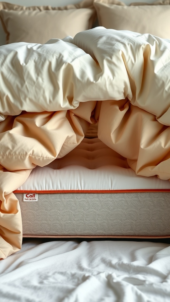 A close-up of a plush mattress with bedding, showcasing comfort and style.