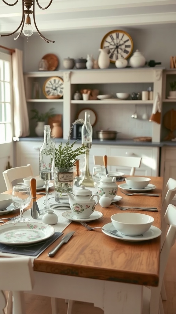 A beautifully set dining table with vintage tableware, featuring plates, glassware, and a floral arrangement.