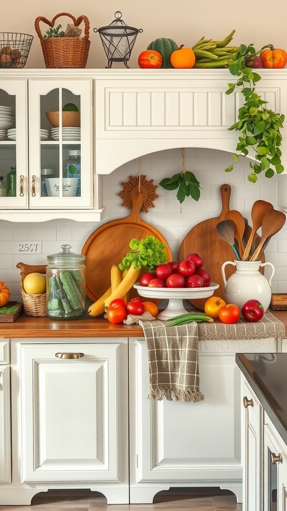 A French country kitchen filled with seasonal produce, including apples, squash, and herbs.