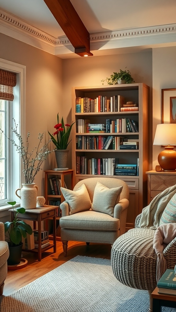 Cozy reading nook with a comfortable chair and bookshelves.