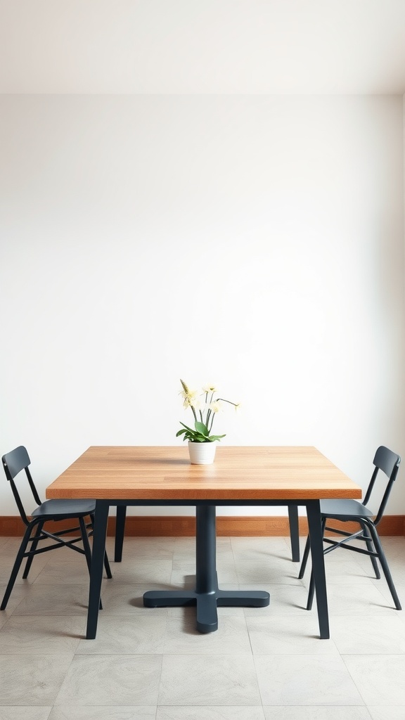 A simple rectangular kitchen table with a plant centerpiece and two chairs