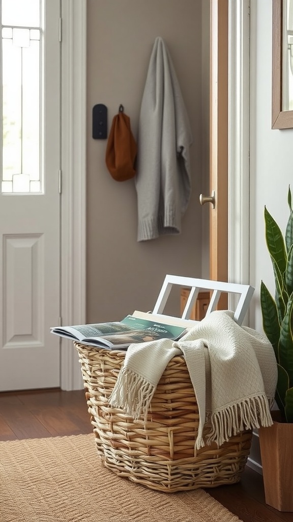A cozy entryway with a woven basket holding a blanket and magazines, near a door.
