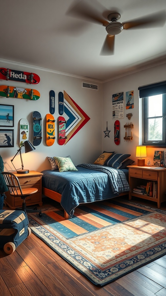 A teen boy's bedroom featuring skateboard decorations on the walls, a cozy bed, and a stylish rug.