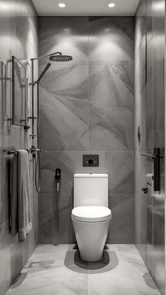 Small modern shower space with sleek fixtures and a toilet