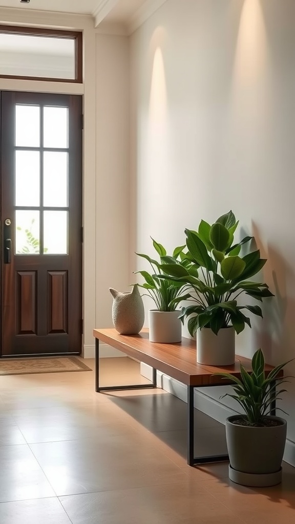 A sleek wooden bench accompanied by potted plants in a minimalist entryway.