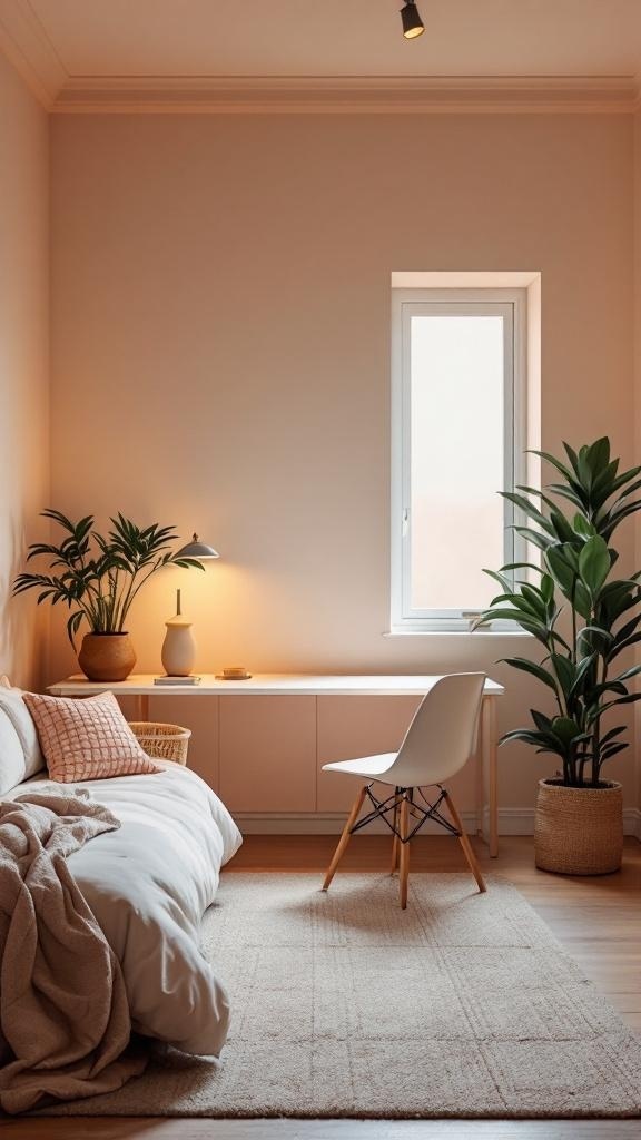 Cozy guest bedroom-office with light colors and plants.