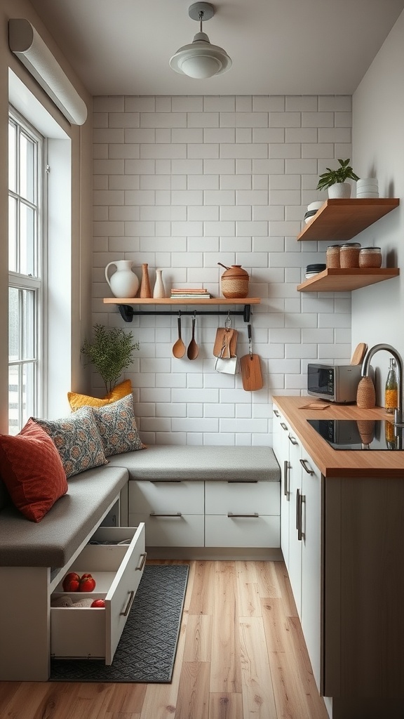 A cozy kitchen corner with a bench, storage drawers, and open shelves.