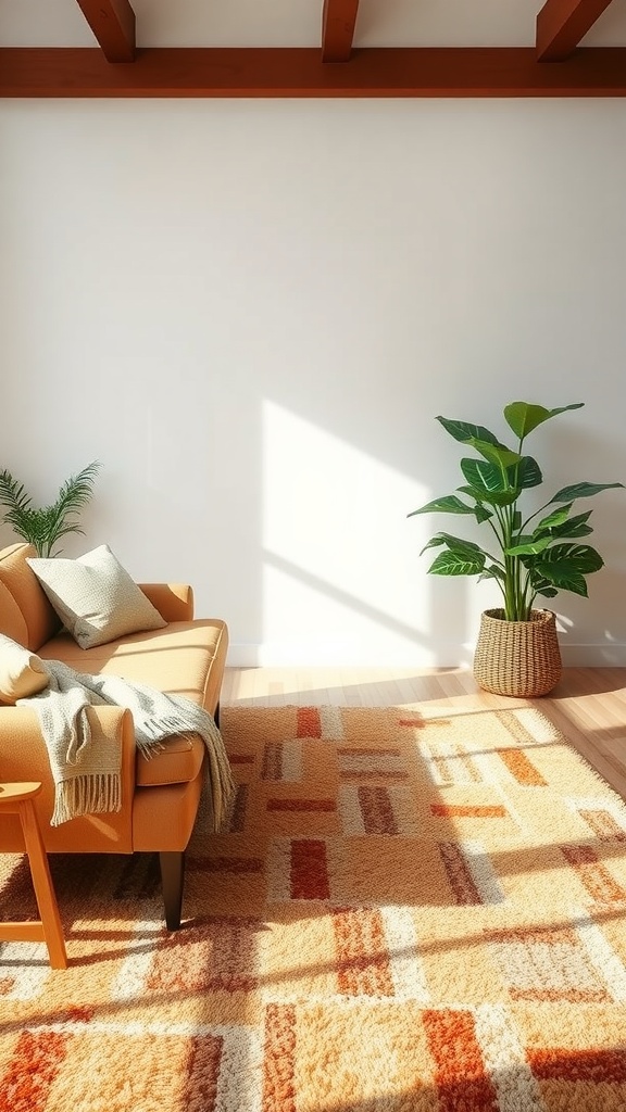 Cozy living room with a soft area rug, orange couch, and potted plant