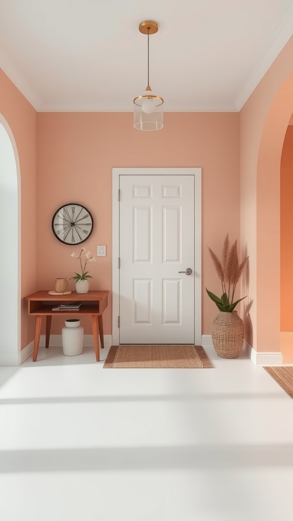A minimalist entryway with soft peach walls, a simple wooden table, and a stylish plant.