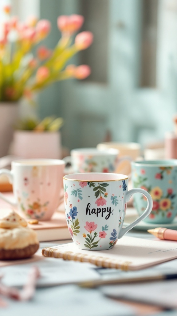 A collection of colorful mugs with floral patterns and positive messages, surrounded by snacks and stationery.