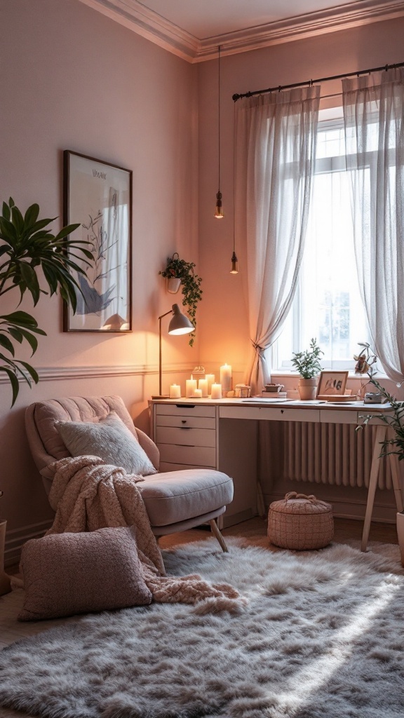 Cozy office space with soft lighting, plush furniture, and plants.