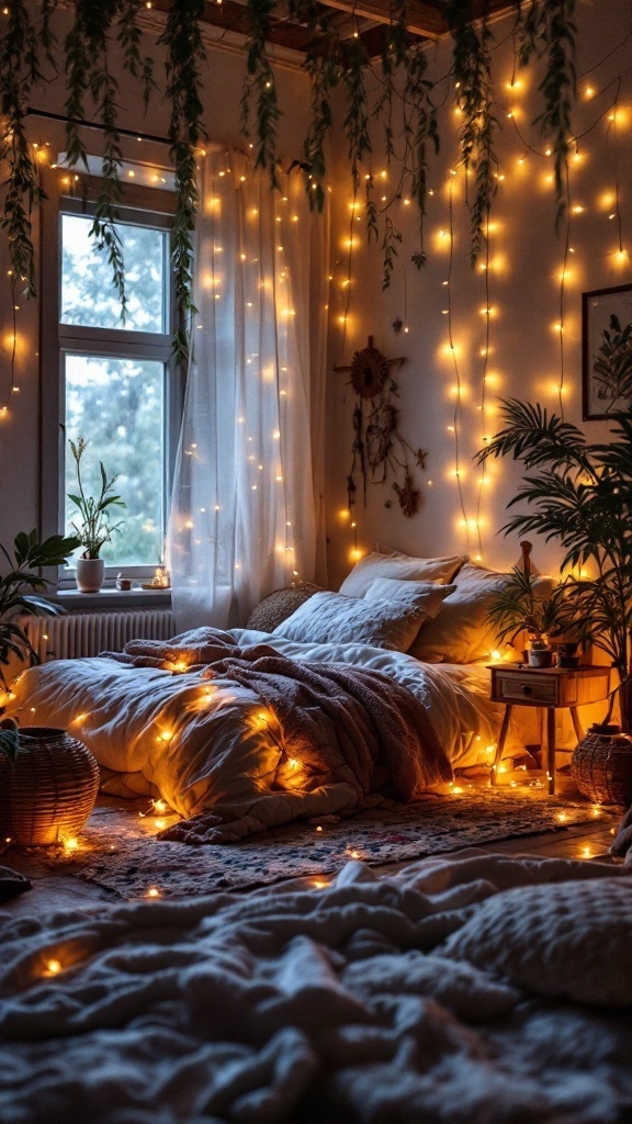 A cozy bedroom with soft lighting from fairy lights.