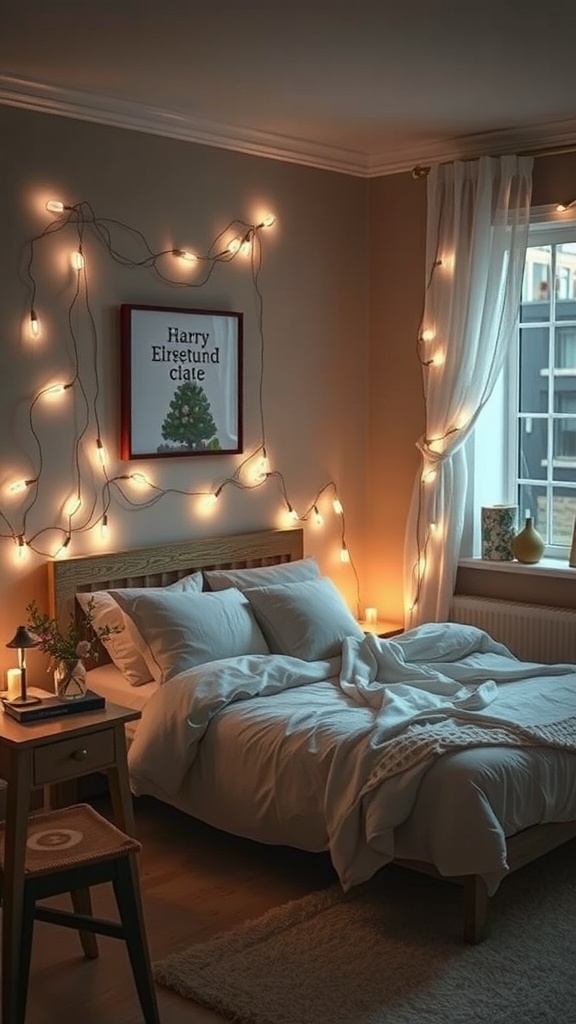 A cozy bedroom with soft lighting from fairy lights and a neatly made bed.