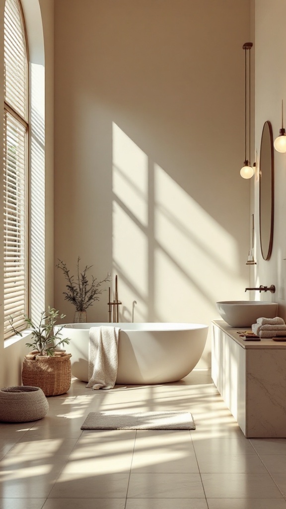 A bright bathroom with soft natural lighting, featuring a freestanding tub, plants, and elegant decor.