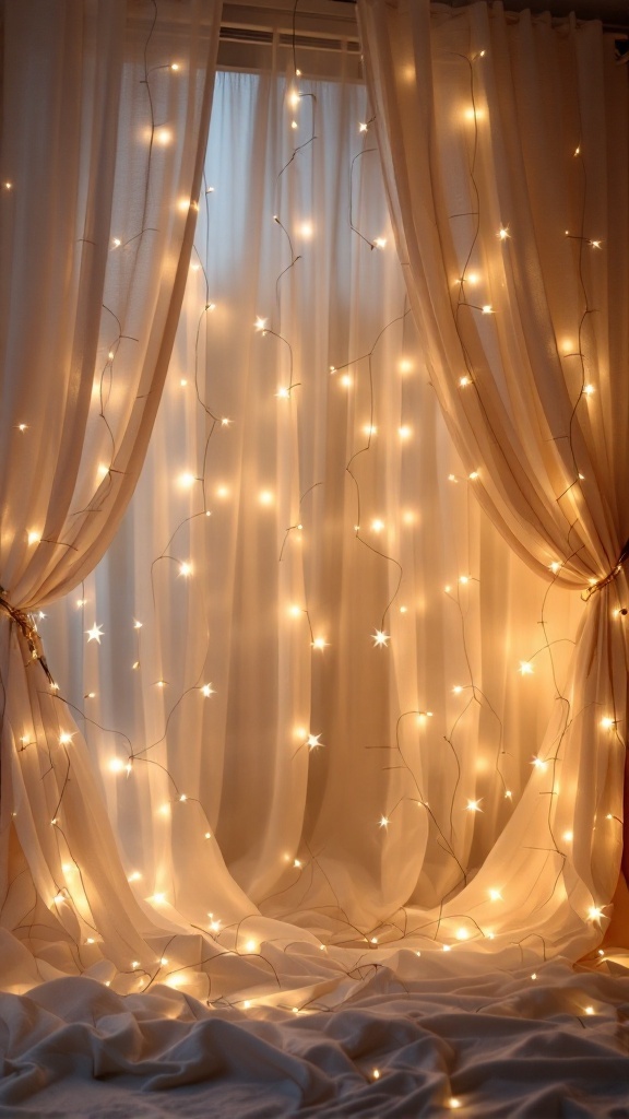 Softly blowing drapes illuminated with fairy lights.