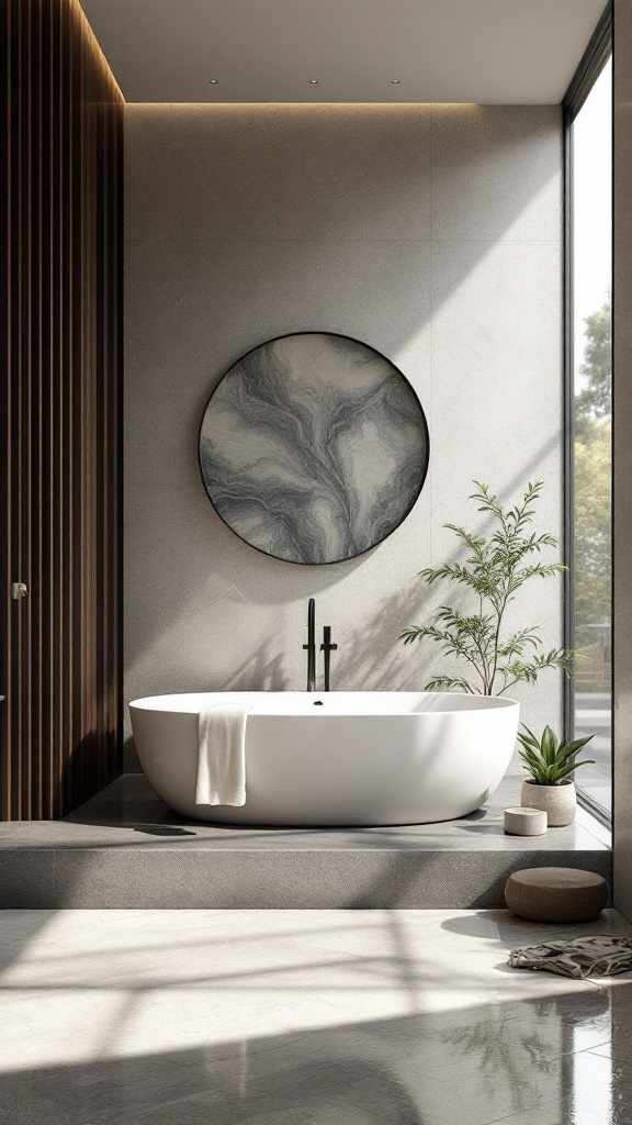 A modern bathroom with a sleek white bathtub, plants, and natural light.