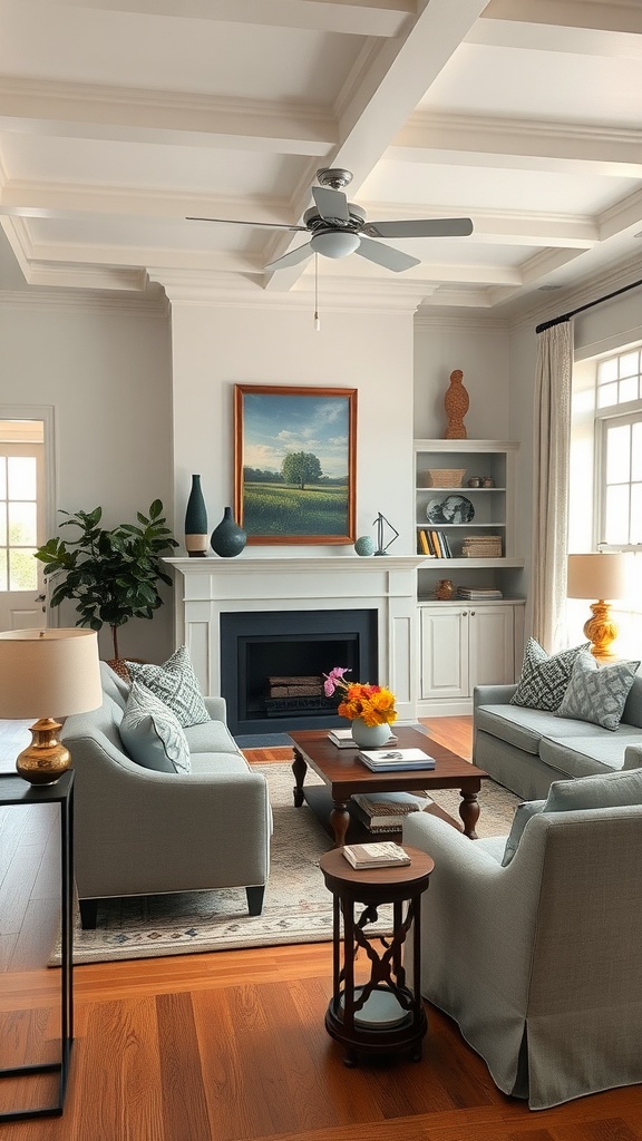 A cozy living room with light gray sofas, a wooden coffee table, and a calming landscape painting on the wall.
