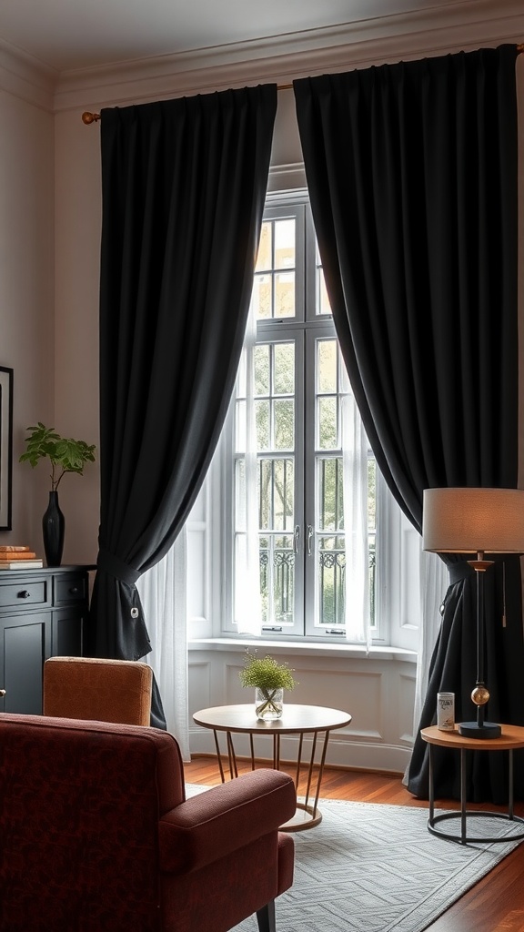 A cozy living room with dark curtains framing a window, highlighting a stylish decor.