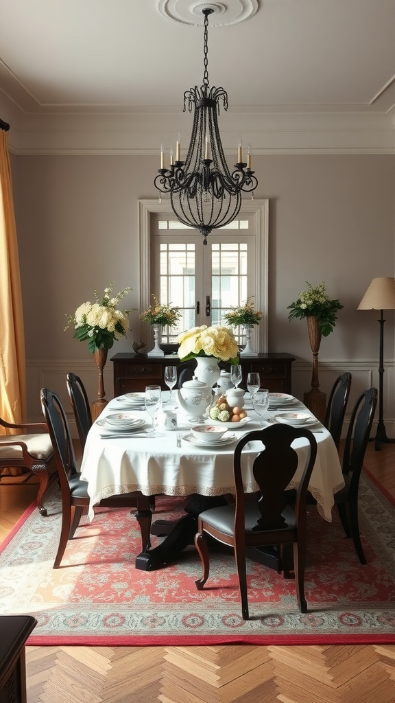 Sophisticated dining room featuring an elegant table set with flowers and a chandelier