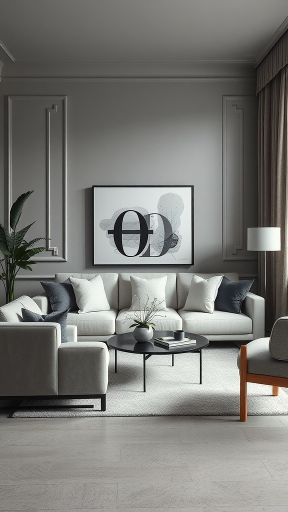 A modern small living room with neutral colors, elegant furniture, and decorative elements.