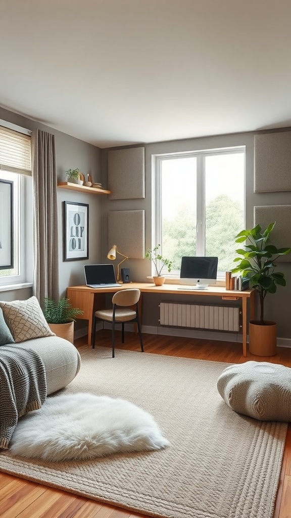 A cozy guest bedroom and office space featuring a desk, plants, and soundproofing elements.